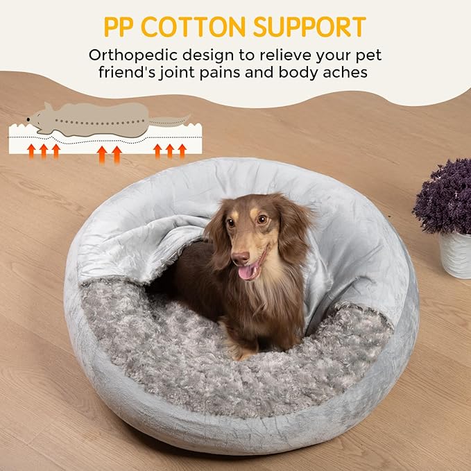 Small Dog Bed with Blanket Removable Cover Cave Washable Cat Pet Bed for Crate Toy Puppy Donut Round Plush Cozy Anti-Slip Bottom Gray 23X23X7 inch