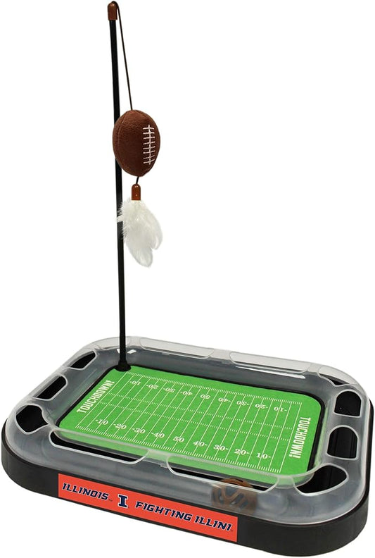 Pets First 5-in-1 Cat Scratching Toy - Interactive Cat Ball & Wand with Catnip Filled Plush Football & Feathers on NCAA Illinois Fighting Illini Football Field
