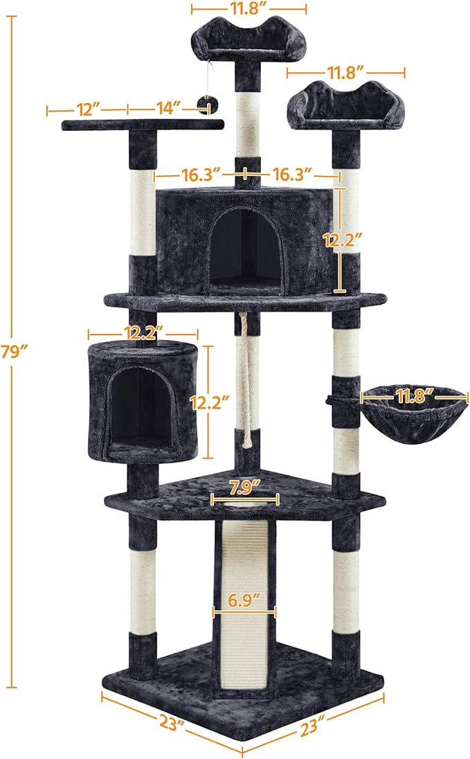 Yaheetech 79 in Cat Tree Tower, Multilevel Cat Trees Plush Covered Cat Tower with 2 Extra Large Condos, Comfy Basket, Sisal Scratching Posts