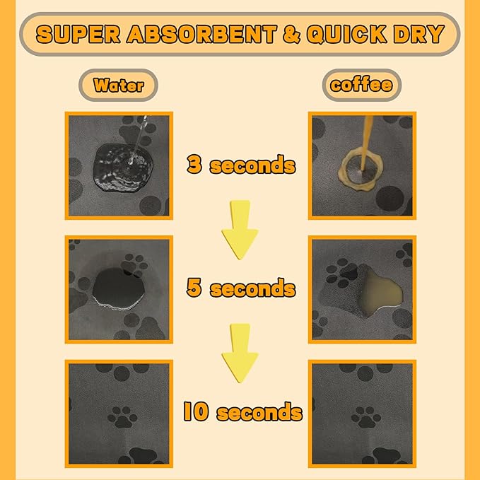 Pet Feeding Mat-Cat Dog Mat for Food and Water Bowl, Absorbent Quick Dry Food Mat Anti-Slip No Stains Dog Placemat with Footprints for Messy Drinkers,12"x20"Dark Grey
