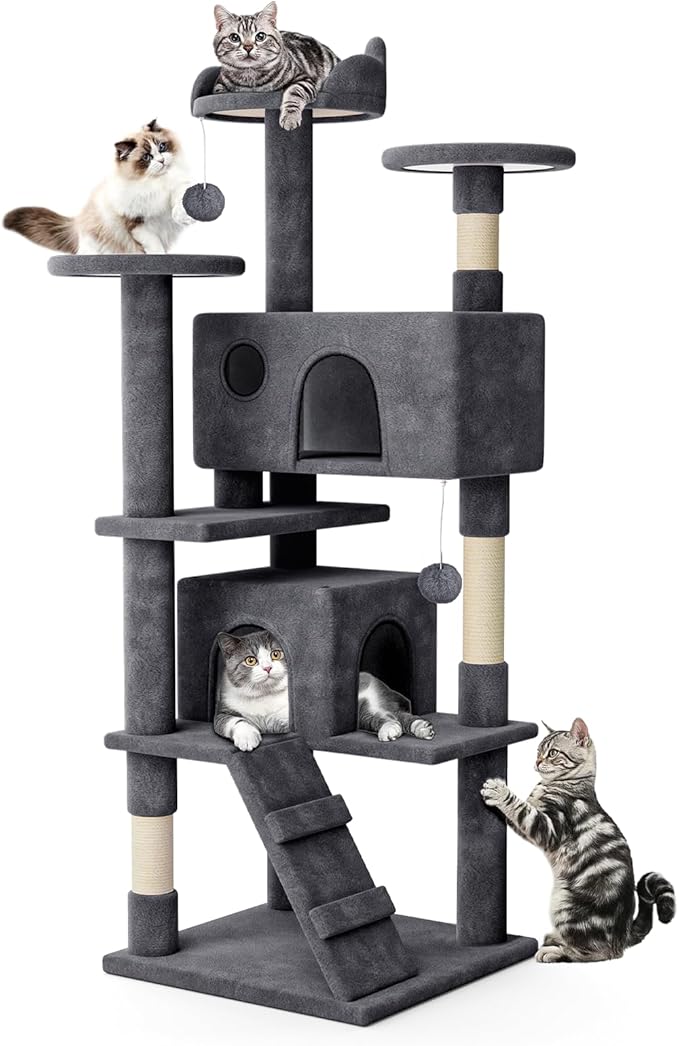 MoNiBloom 60 Inch Cat Tree Tower for Indoor Cats Large Adults, Cat Tower with Scratching Post, Multi-Level Furniture Activity Center with Cat Condo Pet Play House, Smoky Grey