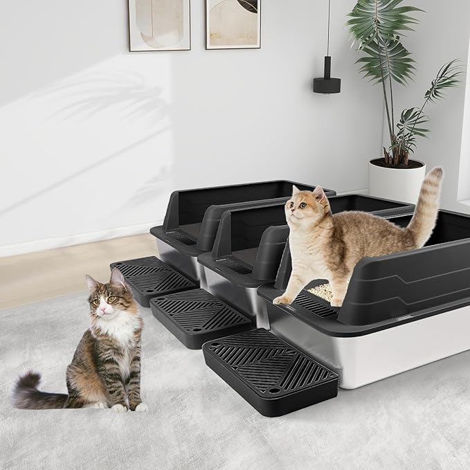 3 Pack Stainless Steel Litter Box, XL 22.9” x 15” x 10.3” High Sided Metal Cat Litter Tray with Scoop, Filter Pedal for Anti-Splash, Non-Sticky, Easy to Clean (Black)