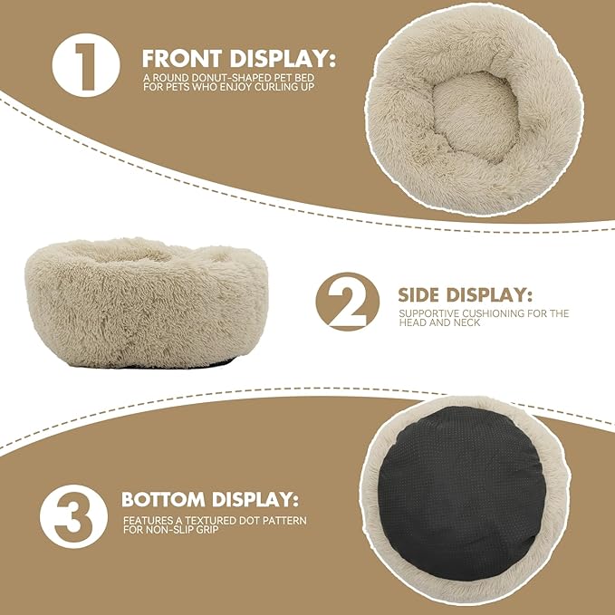 Athena Collection Washable Small Dog Bed, Cat Bed for Indoor Cats, 24 Inches Fluffy Faux Fur Round Pet Bed Calming Cozy Soft Warming Donut for Small Dog Puppy Kitten, Beige