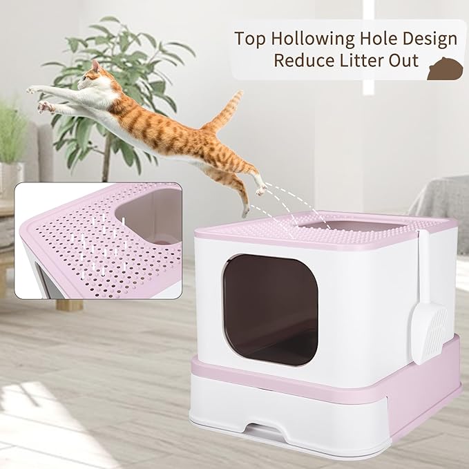 RIZZARI Stainless Steel Cat Box: Enclosed Design with High Walls - Pink - Large Litter Pan for Odor Control Indoors