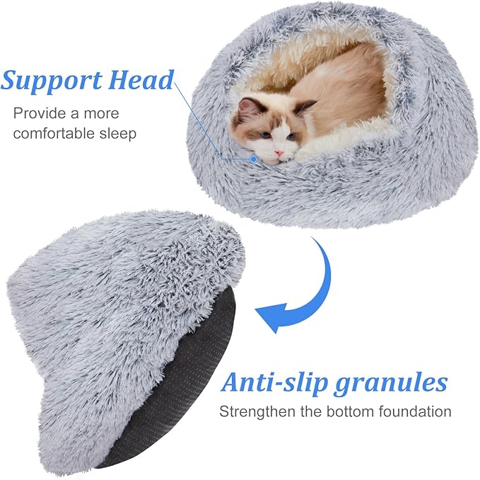 Deblue Soft Cat Cave Beds for Indoor Cats, Round Warm Cat Beds with Hooded Cover, Waterproof Bottom Long Plush Covered Sleeping Cozy Pet Bed for Puppies and Cats (Large)