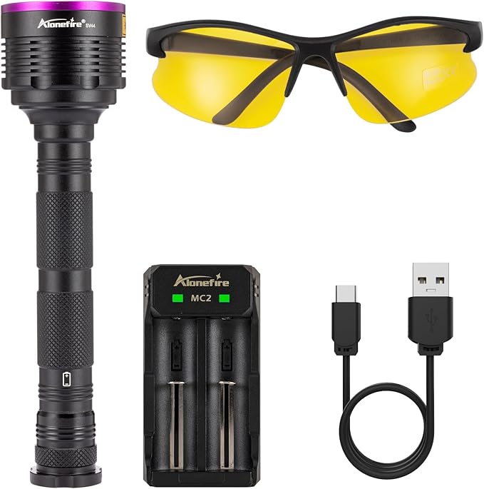 ALONEFIRE SV44 20W 365nm UV Flashlight USB Rechargeable Ultraviolet Black Light Pet Urine Detector for Resin Curing, Fishing, Scorpion, Dry Glue with UV Protective Glasses, Battery Included, Charger
