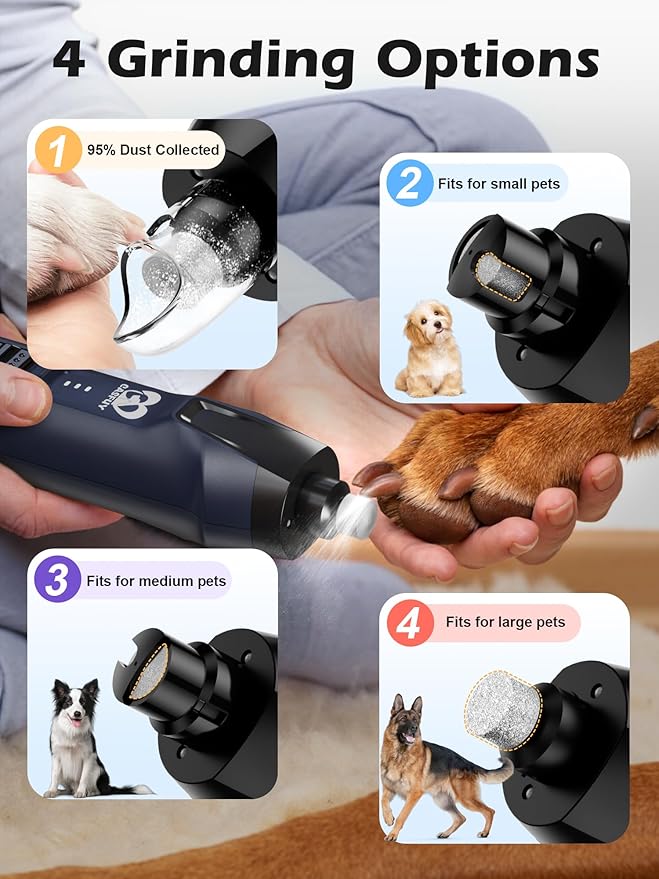Casfuy 6-Speed Dog Nail Grinder – 50%+ Boost Power Dog Nail Trimmers Quiet with Dust Cap & 2 LED Lights & 2000mAh Battery & 4.8V Motor Electric Pet Toenail File Tool for Large Medium Small Dogs Cats