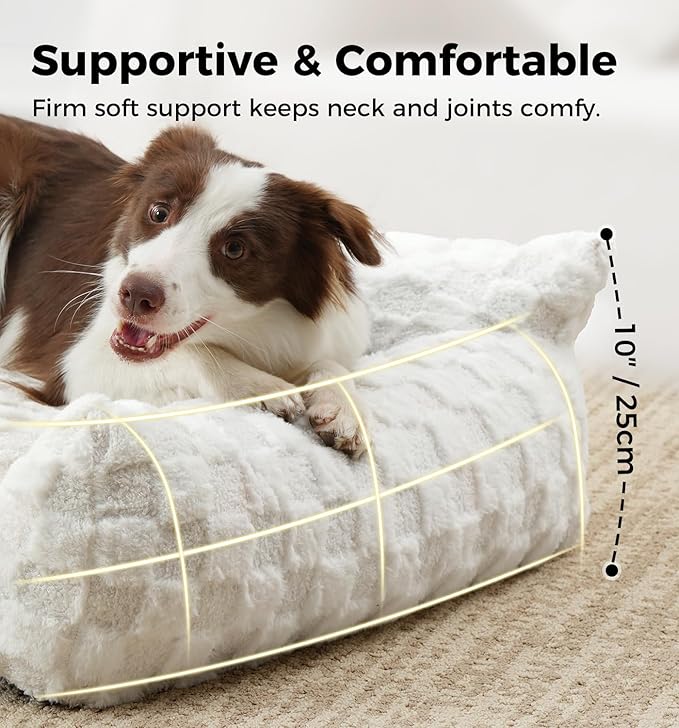 Made4Pets Dog Couch Bed, Soft Faux Fur Checkered Pet Sofa, Comfortable Fluffy Dog Sofa with Supportive Foam, Removable Washable Cover with Non-Slip Base, White, Large