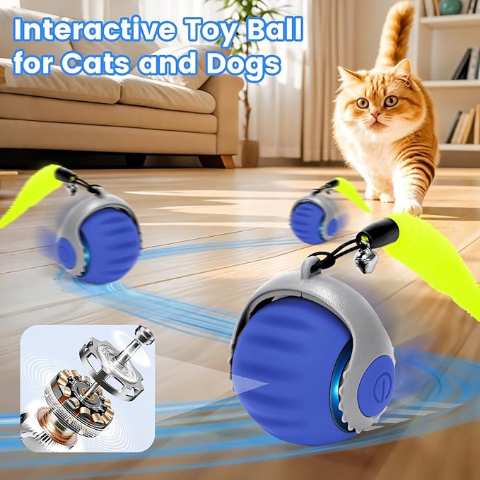 Interactive Cat Ball Speedy Tail 3.0 Pet Toy Rolling Ball, Interactive Toys for Indoor Cats, 360° Smart Automatic Dog Kitten Toy Turbo Tail Electronic Bouncing Balls Extra Tails (Blue&Red)
