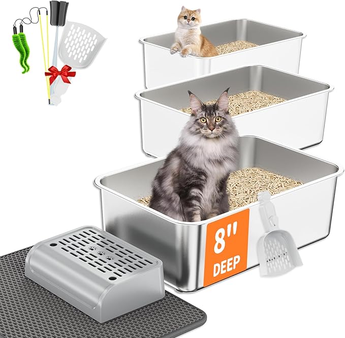 Stainless Steel Litter Box Set- [6-in-1] Extra Large Cat Litter Box with Pedal, Mat, Scoop, Brush, Wands, Non-Sticky Metal Litter Box for Cat, Kitt, Odorless, Easy Clean (23.6"x15.7"x8", 3 Pack)