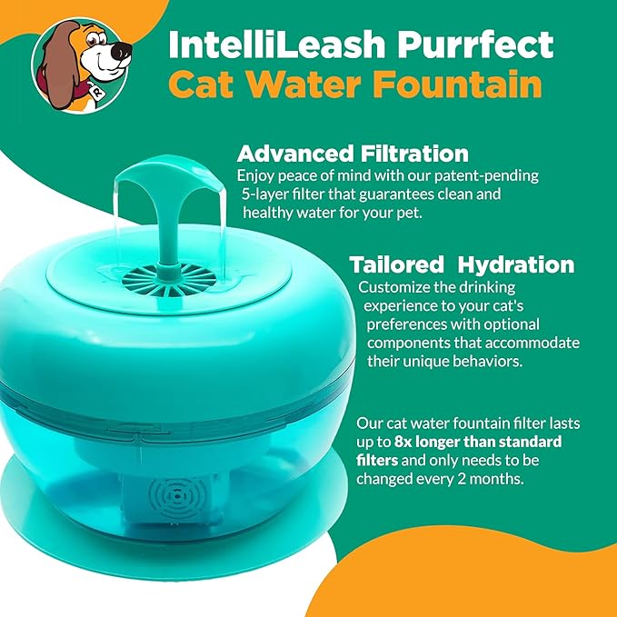 PURRoducts Purrfect Water Fountain for Cats and Small Dogs with Premium 5-Layer Filter That Lasts Up to Two Months. Splash Free and Tip-Proof Design. Low Water Auto Shut-Off Feature.