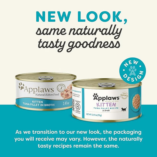 Applaws Natural Wet Kitten Food in Broth, Limited Ingredient Canned Wet Kitten Food, No Additives, Made with Natural Ingredients, Tuna Fillet in Broth (24 x 2.47oz Cans)