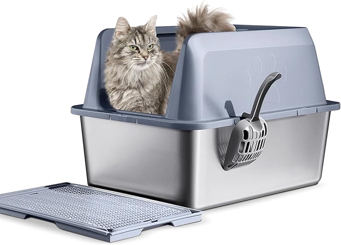 6" Deep 13.75" High Wall Sides Stainless Steel Cat Litter Box with Lid Great for High Peeing Cats.. Large Litter Box Leak Proof Litter Pan, Easy Clean, Non Stick, No Odor, with Mat and Litter Scoop