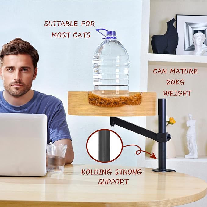 Cat Bed Desk with Pet Mat, Cat Hammock for Desk, Cat Bed Desk with Wooden Bowl, 360° Rotation and Adjustable Height, Brown