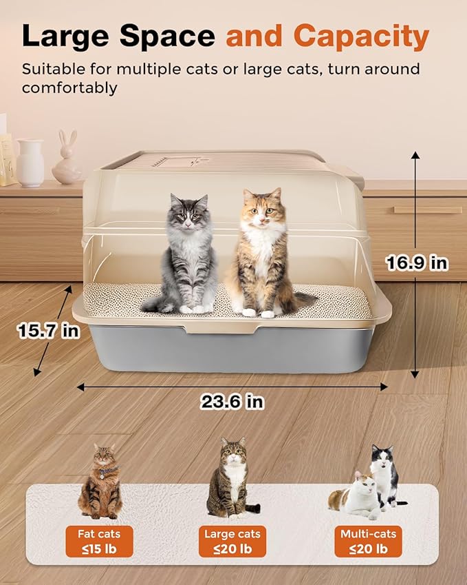 Stainless Steel Litter Box with Lid - Extra Large Cat Litter Boxes for Big Cats with Mat & Scoop - Anti-Leakage, Odor-Proof, High-Sided, Non-Stick＆ Easy to Clean - Ideal for Multi-Cat Homes - Khaki