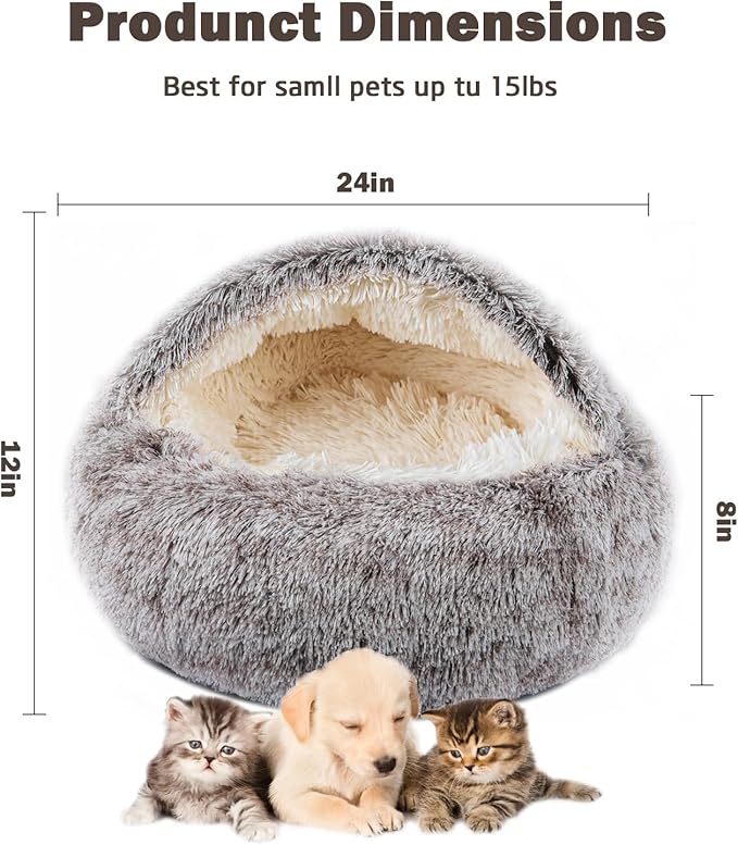 Cat Bed for Indoor Cats, Calming Cozy Cave with Self-Warming Plush, Entire Bed Machine Washable & Anti-Slip Base, Breathable Pet Bed for Small Cats&Dogs All Seasons (Khaki, 24 * 24inch)