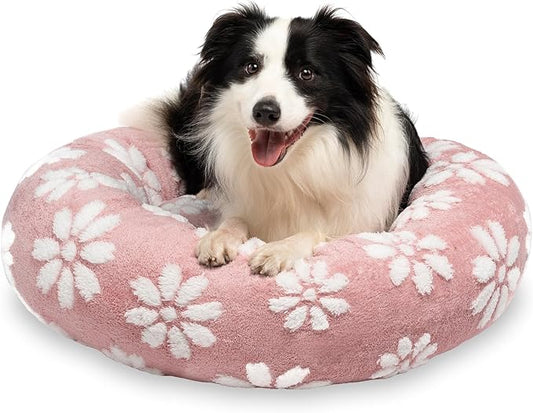 Donut Dog Beds for Medium Dogs, Calming Round Cat Beds for Indoor Cats, Cute 3D Textured Flower Pet Bed with Removable Washable Cover and Anti-Slip Bottom（Pink，30"）