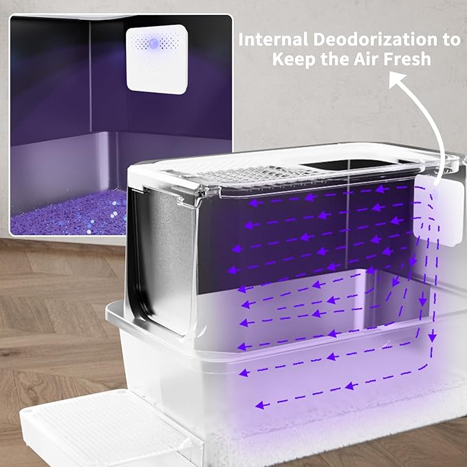 RIZZARI Stainless Steel Cat Litter Box, Odorless Enclosed Litter Box with Top Holes, Large Litter Pan for Small to Large Sized Cats (Deep Black, 23.8" L*15.9" W*18" H)