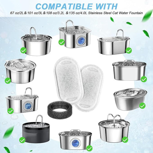 Cat Water Fountain Filters Replacement, 16 Pcs Pet Water Fountain Filter with 16 Pcs Foam Sponges for 67oz/2L & 108oz/3.2L Stainless Steel Pet Cat Water Fountain Dispenser Filters