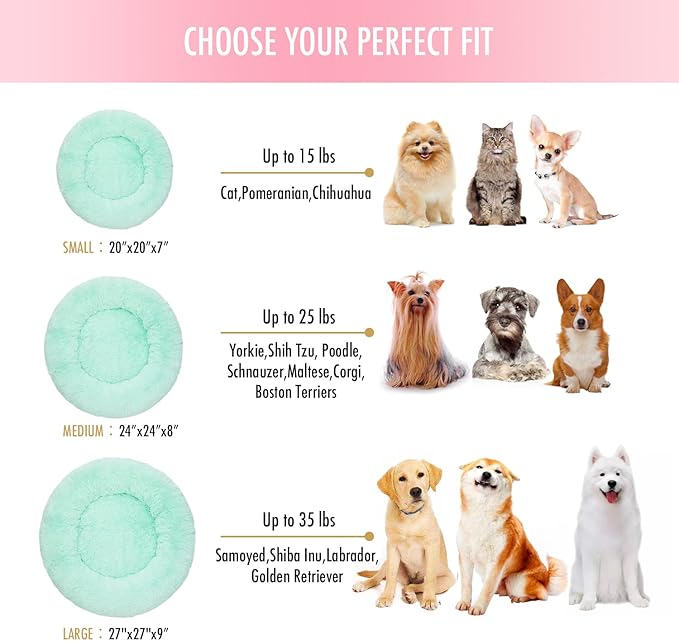 Anti Anxiety Round Fluffy Plush Faux Fur Warm Washable Dog Bed & Cat Bed, Original Bed for Small Medium Large Pets,Used to Relieve Joints and Improve Sleep（20"/24"/27''） (24", Light Green)