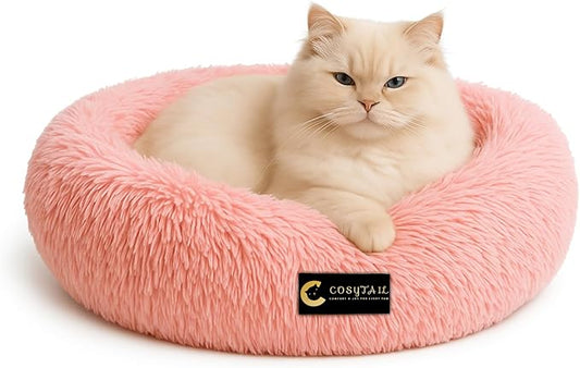 Anti-Anxiety Donut Pet Bed, Round Plush Faux Fur, Washable, Small to Medium Dogs and Cats (Pink, Large)