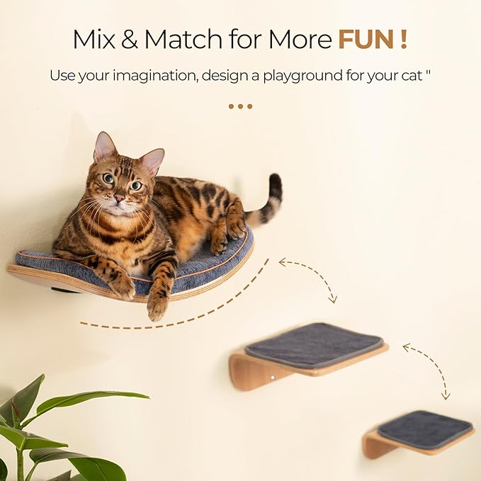 Cat Wall Shelves,Cat Wall Steps and Perch,Stairs,Ladders,Nest,Bed,Modern Wooden Floating Climbing Furniture for Hopping and Sleeping,with Scratching Cushion（Combo）