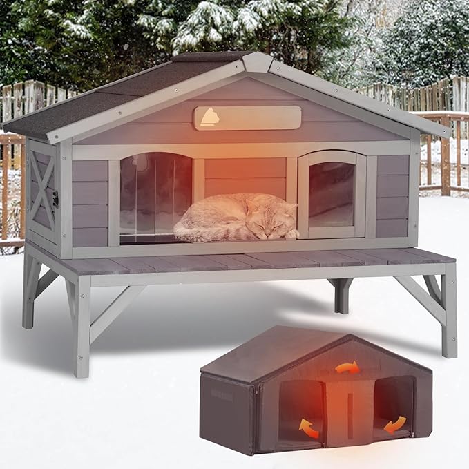GUTINNEEN Insulated Outdoor Cat House with All-Round Liner, Weatherproof Feral Cat Shelter for Winter with 3 Entry Doors, Indoor Cat Condo for Multiple Cats