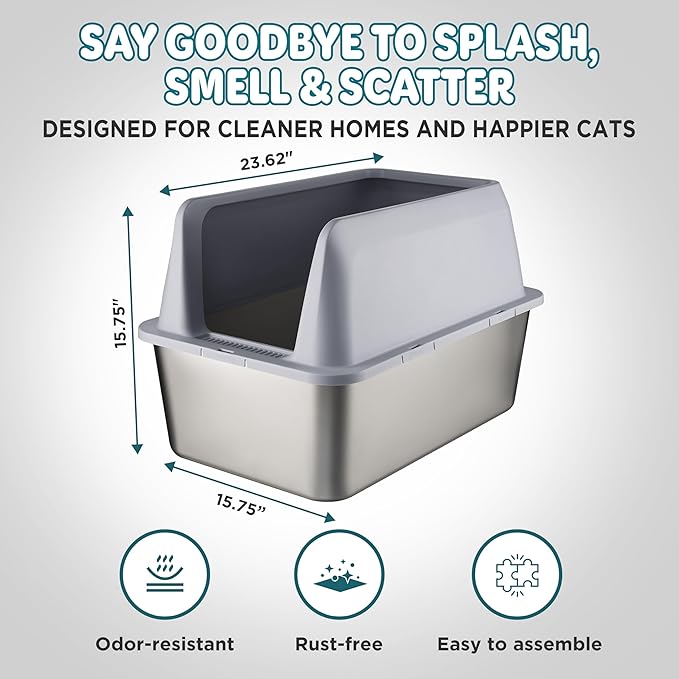 8" Deep 15.75" High Wall Sides Stainless Steel Cat Litter Box with Lid Extra Large Litter Box for Big Cats Deep Leak Proof Litter Pan, Easy Clean, Non Stick, No Odor, with Mat and Litter Scoop