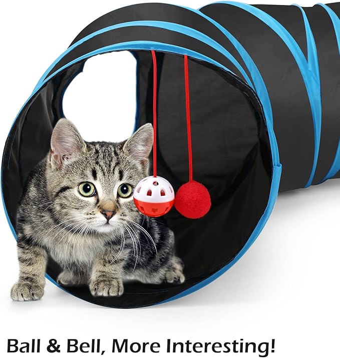 Pawaboo Cat Toys - S-Shaped Tunnels 25x97cm, Extensible Cat Play Tent with Balls and Bells, Interactive Maze House for Kittens and Small Animals, Blue