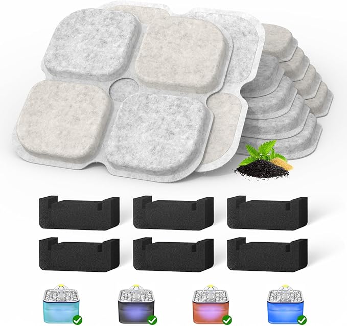 Cat Pet Water Fountain Filters, 6 Pack Replacement Filters Fit for 101oz/3L Crystal Cat Fountain, Triple Filtration System (6 Filters+6 Sponges)