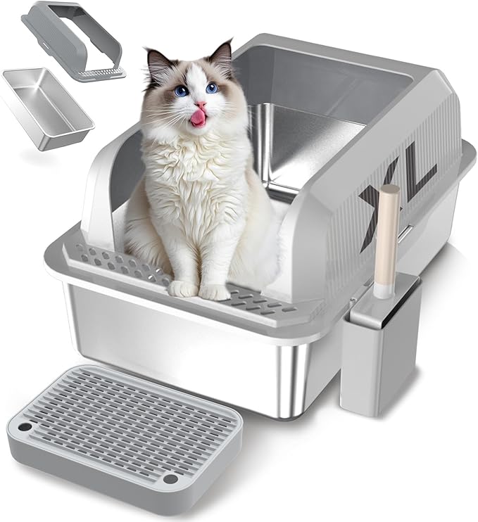 Stainless Steel Cat Litter Box with Lid Extra Large Metal Pan Tray with Enclosed High Sides for Big Cats Multi-Cat, XL Non-Stick Anti-Leakage Easy Cleaning Includes Scoop(Grey)