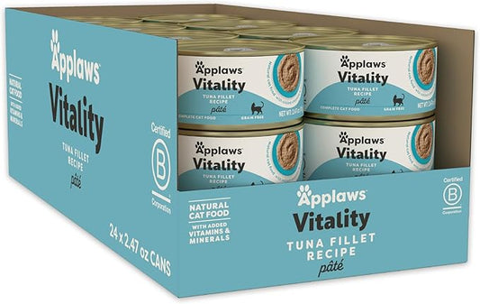 Applaws Vitality Wet Cat Food Paté, Natural Canned Cat Food, Wet Food for Cats with Added Vitamins and Minerals, Grain Free, Carrageenan Free, Tuna Fillet Recipe (24 Count, 2.47 oz Cans)