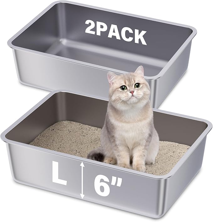 Stainless Steel Litter Box 2 Pack,19.7"x13.7"x6" Large Metal Litter Box for Kitty/Cat/Rabbits, Easy to Clean, Non Stick Litterbox No Smell for Adult Cats