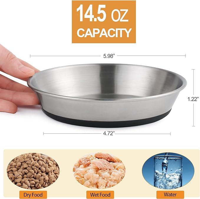 Stainless Steel Cat Bowls,Whisker Friendly Shallow Cat Dishes for Food and Water,Non-Slip Silicone Bottom,Heavy Duty,Replacement Kitten Metal Plate for Elevated Stands,2 Pack