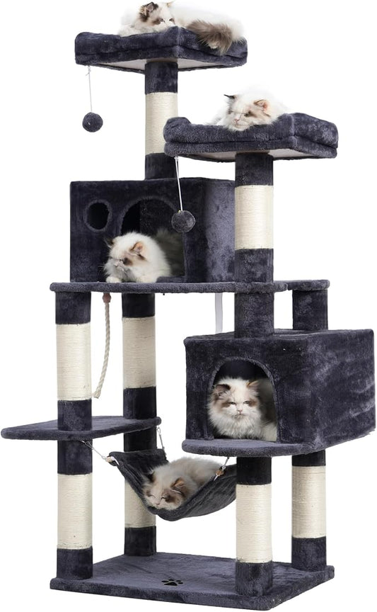 Hey-brother Large Multi-Level Cat Tree Condo Furniture with Sisal-Covered Scratching Posts, 2 Bigger Plush Condos, Perch Hammock for Kittens, Cats and Pets Smoky Gray MPJ020G