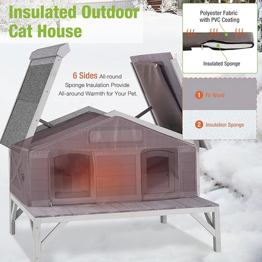 GUTINNEEN Insulated Outdoor Cat House Outside Feral Cat Shelter Weatherproof with Insulated Liner, Large Porch, Escape Door and Name Plate 43.5" L