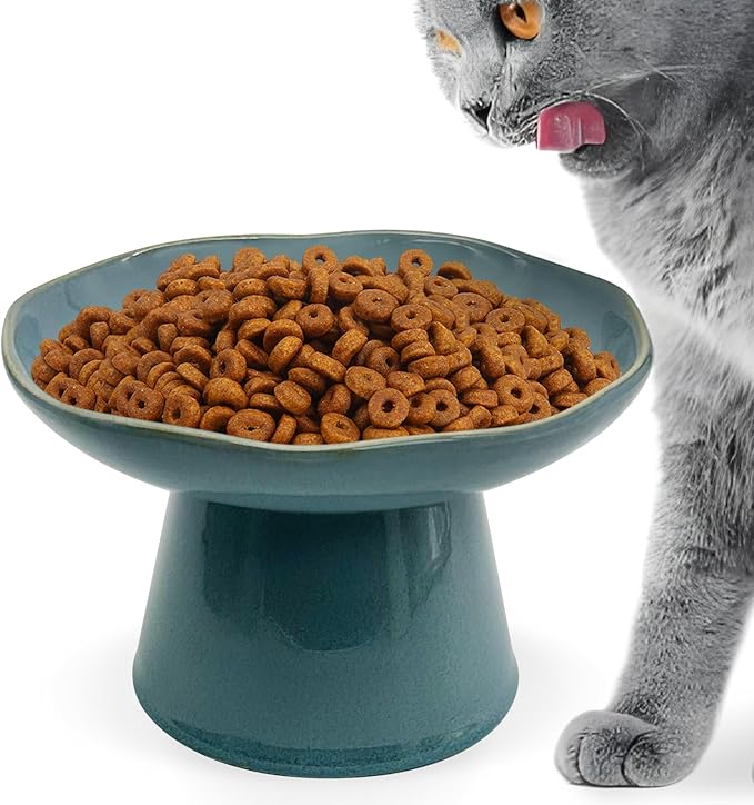 VCEPJH Raised Cat Food Bowls Shallow Cat Plate Ceramic Elevated Cats Dish 6.1in Flat Anti Whisker Fatigue Wide Pet Food & Water Feeder for Indoor Kitty Kitten (Blue)