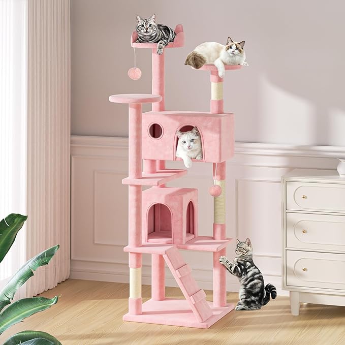 MoNiBloom 77 Inch Cat Tree Tower for Indoor Cats Large Adults, Tall Cat Tower with Scratching Post, Multi-Level Furniture Activity Center with Cat Condo Pet Play House, Soft Pink