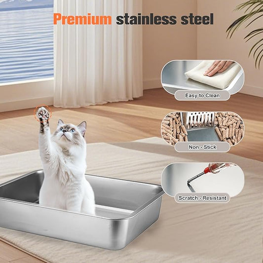 23.6" x 15.7" x 5.7" TIUUBT Stainless Steel Litter Box for Pan, Cat Litter Box, High Side for Big Cats, Anti-Leakage, Odor Control