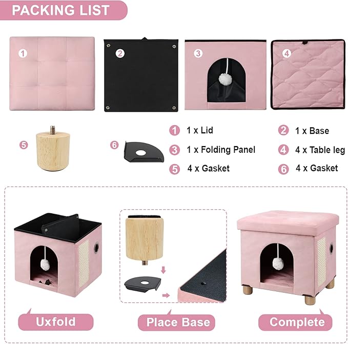 BRIAN & DANY Cat House for Indoor Cats, Cat Cave Bed for Pet, Cat Cube with Cat Scratch Board & Cat Ball, 14.7" x 14.1” x 12.7”, Pink