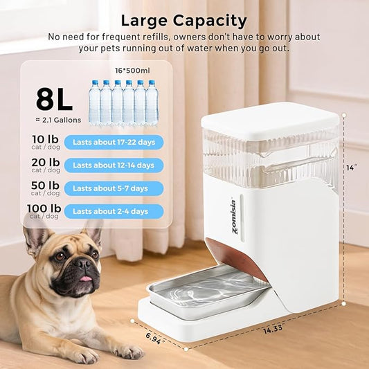 Automatic Dog Water Dispenser 8L with Stainless Steel Bowl, Gravity Large Capacity Water Bowl for Dogs, 2 Gallon Pet Waterer 100% BPA Free, Black