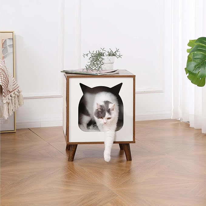 Cat House Wooden Cat Condo Cube Shaped,Modern Cat Bed Side Table & Nightstand,Cat Shelter Furniture with Cushion Cat Scratch Pad,Brown