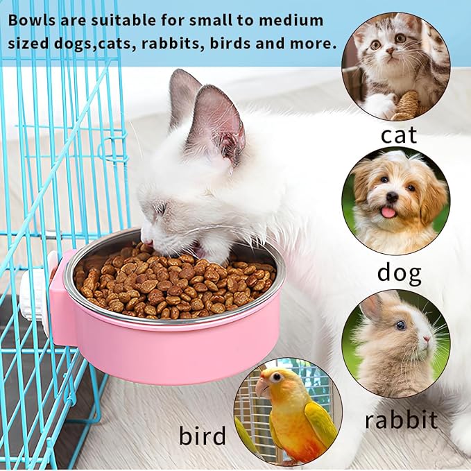 2Pcs Pets Lightweight Stainless Steel Bowl,Removable Stainless Steel Pet Hanging Food Water Feeder Bowl Cage Coop Cup for Puppy Medium Dog Cat Rabbit Ferret Bird Gunea Pigs (Blue, S)