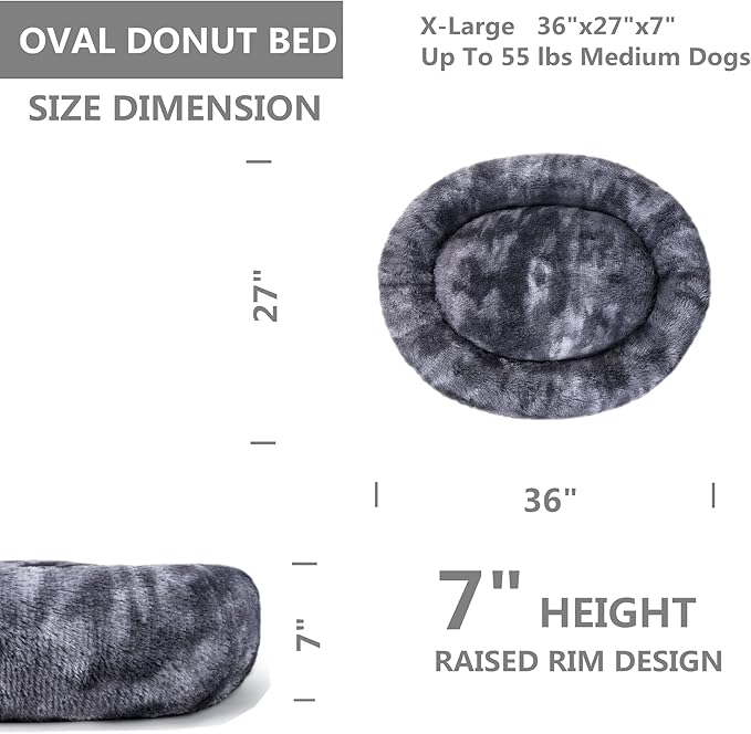 Oval Calming Donut Cuddler Dog Bed,Shag Faux Fur Cat Bed Washable Round Pillow Pet Bed(30"/36"/43") for Small Medium Dogs (XL(36"x27"x7"), Grey2021)