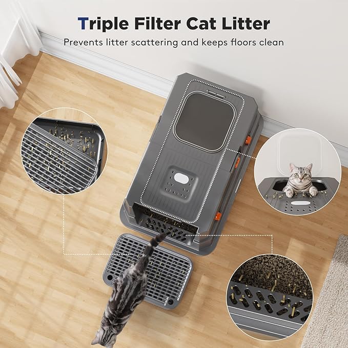 FURTIME Stainless Steel Litter Box with Lid, XL Extra Large Enclosed Cat Litter Box for Big Cats, Metal Cat Box with High Sided Enclosure & Scoop, Front & Top Entry, Odor Free, Anti-Leakage, Grey