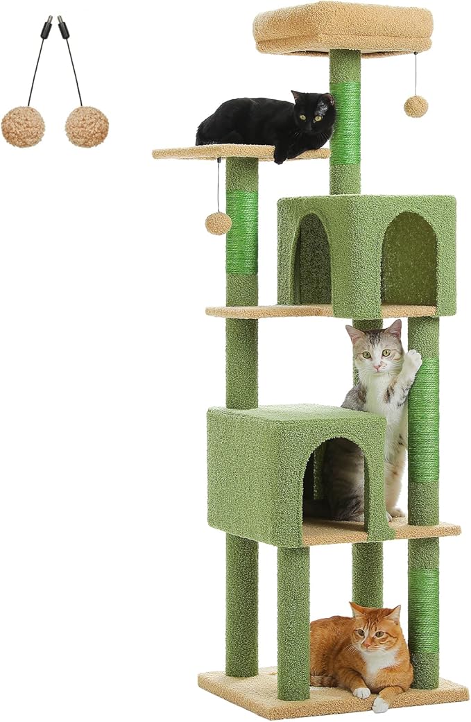 PAWZ Road Cactus Cat Tree Tower 62 Inches Cat Tree with 2 Condos,2 Large Perch,4 Scratching Posts & 1 Scratching Board, and 2 Hanging Balls for Indoor Cats