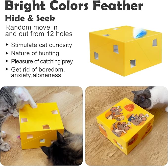 Migipaws Automatic MigiBox Plus Cat Toys 3 n1 Interactive Pounce Mystery Under PopSkin 12 Holes Cardboard Kitten Toys for Indoor Rechargable 8 Accessories(Yellow)