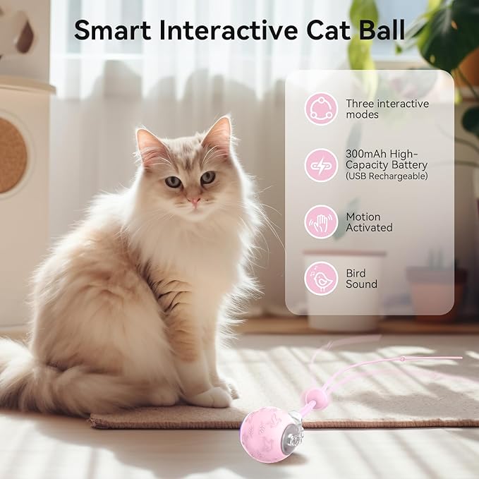 Interactive Cat Toys Ball for Indoor Cats,Automatic Kitten Toys for Bored Indoor Adult Cats,Motion Activated,USB Rechargeable (Pink)