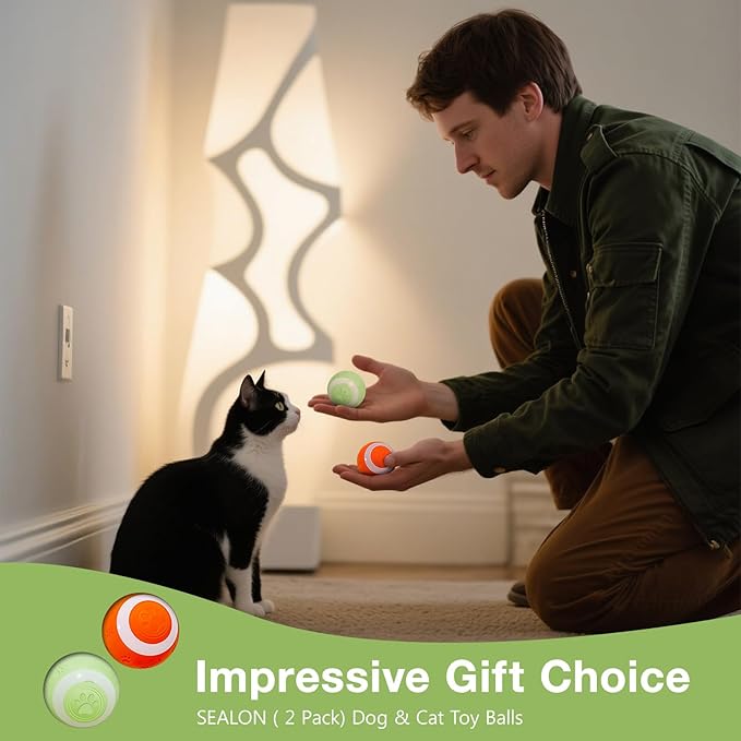 SEALON Electric Interactive Cat Toy Ball(2 Pack) Indoor Cat Play Ball, Suitable for Cats Over 6 Months for Exercise, Weight Loss, and Fun
