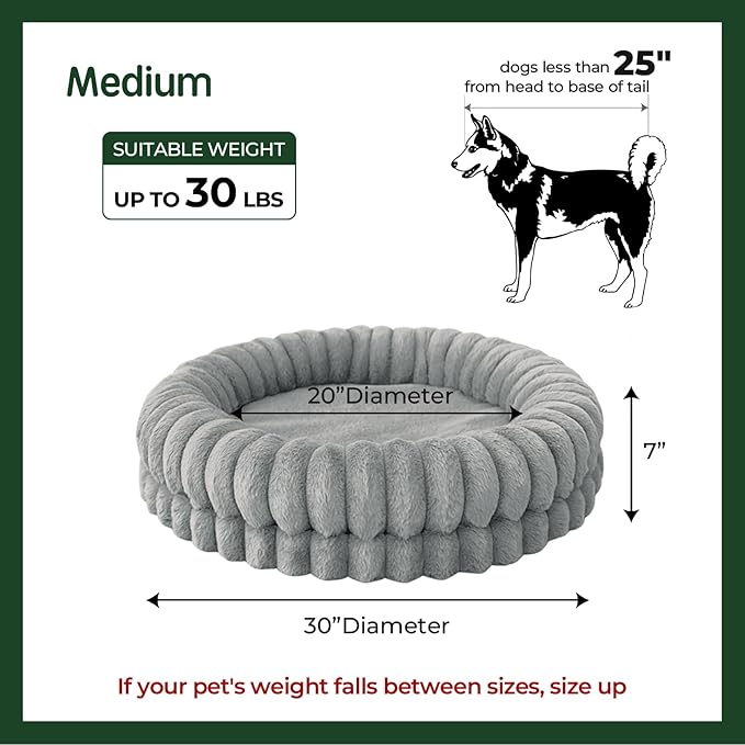 BALANCE Luxury Donut Dog Bed, 30 Inches Round Dog Bed Medium Size Dogs Washable, Orthopedic Calming Dogs Bed for Pets with Anti-Slip Bottom, Gray